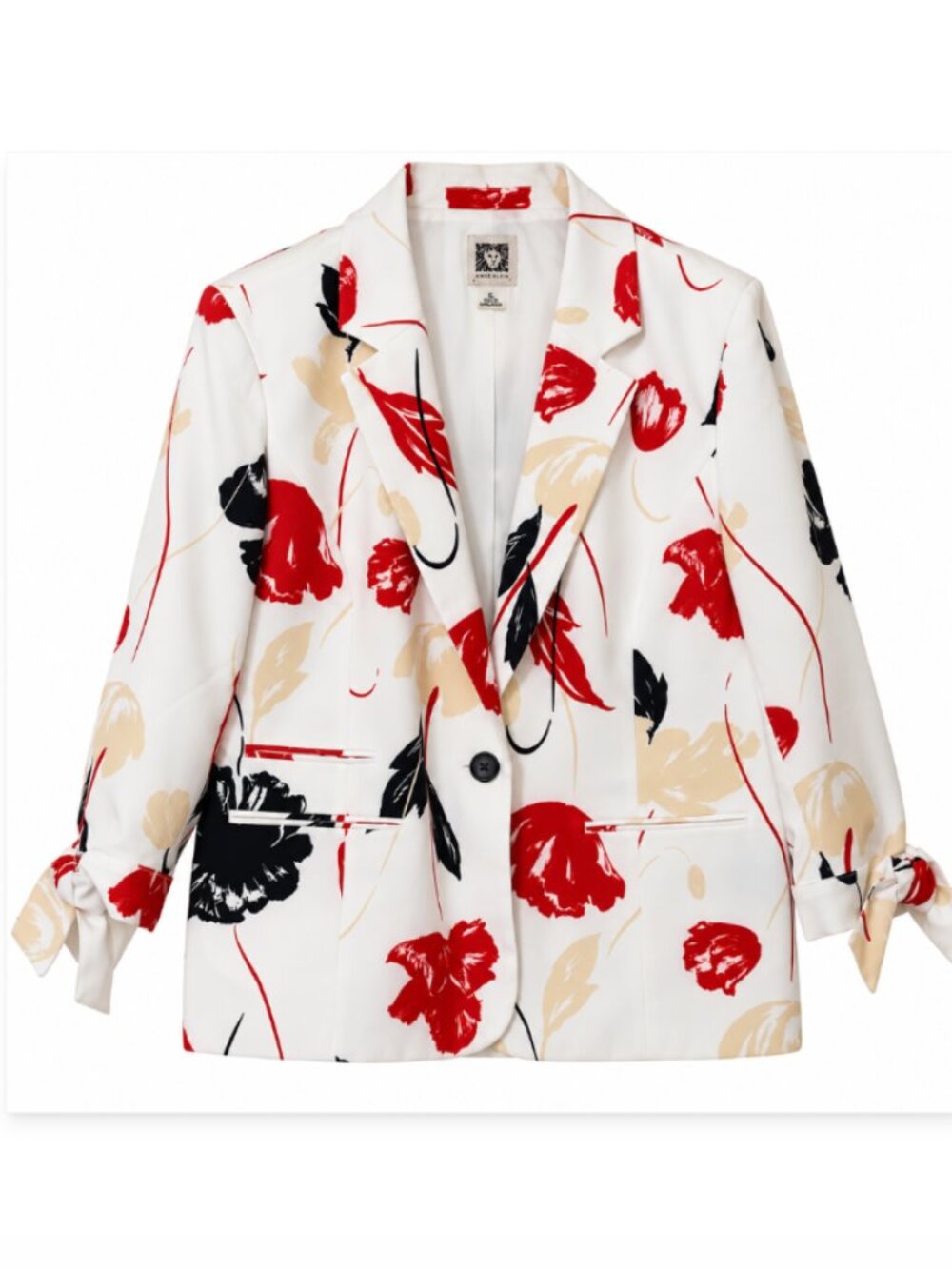 Anne Klein Floral Print Blazer White Red Black Tie Sleeve Jacket XL